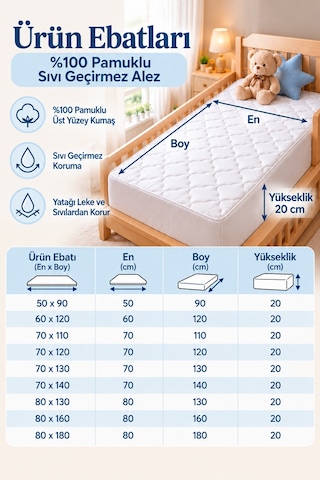 Sıvı Su Geçirmez %100 Pamuklu Ped Köşe Lastikli Alez Bebek Yatak Koruyucu Park Beşik Kreş Anaokulu 50x90