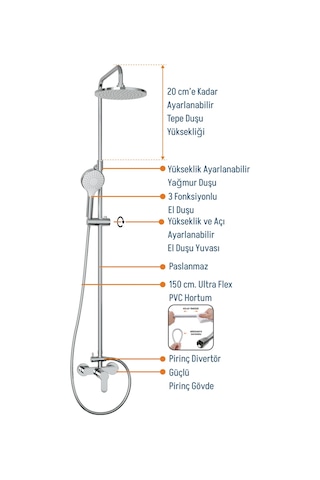 Adell Lento Rain Duş Sistemi Krom - Duş Bataryası Dahil Krom