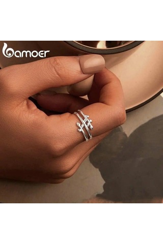 Bamoer 925 Ayar Gümüş Çok Katmanlı Yaprak Yüzük Şanslı Yapraklar Bildirim Yüzüğü Kadınlar İçin Söz Yüzüğü Moda Takı 7