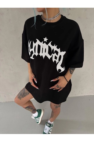 Novalisse Kadın Baskılı Bisiklet Yaka T-shirt - Siyah Çoklu Renk
