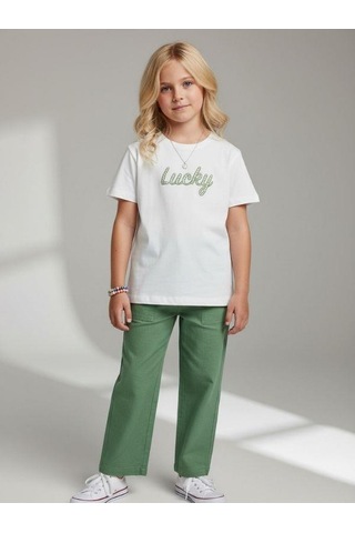 Zekids Kız Çocuk Lucky Baskılı Pamuklu T-shirt-16886 Ekru