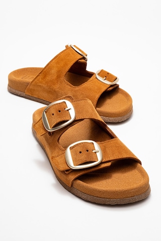 Luvishoes Luvi Shoes Ovesta Taba Süet Hakiki Deri Çift Bantlı Kadın Terlik Taba