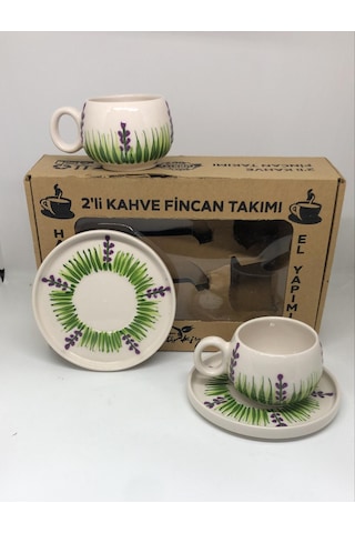 Mor Yeşil Desenli El Yapımı 2'li Seramik Kahve Fincan Takımı Çok Renkli