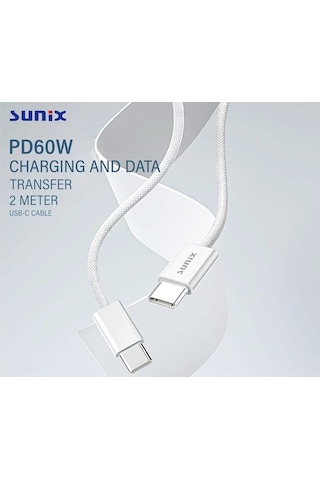 Sunix 2 - metre 60w Type c To Apple Uyumlu iPhone 15 / 16 17 Samsung xiaomi redmi huawei honor laptop tablet telefon Süper Hızlı Hasır Örgülü Sağlam Ce fc rohs Lisanslı Thunderbolt Özellikli Yeni Nesil Kablo Metre