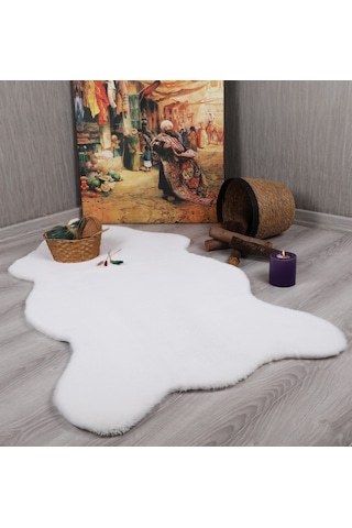 Tavşan Tüyü Dekoratif Ultra Yumuşak Post Peluş Kaymaz Halı Beyaz