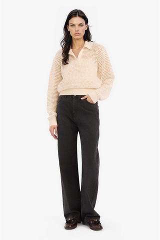 DeFacto Relax Fit Polo Yaka Basic Düz Ajur Triko Kazak E7025AX25SMER105 Ekru