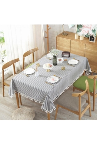 Mavi Buldan Keten Püsküllü Çi Zgi Li Masa Örtüsü