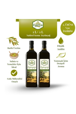 Egelya Soğuk Sıkım Sızma Zeytinyağı 1 L + 1 L Zeytinyağı Paketi 2. Ürün %50 , Düşük Asidite, Yumuşak İçim, Doğal