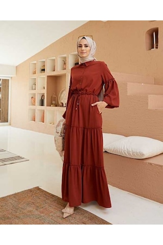 6567-büzgülü Bağcıklı Elbise Kiremit Kiremit