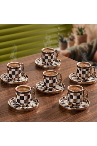 Perotti 16992 Gümüş Dama 6 Kişilik Porselen Fincan Seti 12 Parça Türk Kahvesi Fincanı Takımı-90ml Çok Renkli