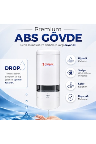 Mulpex 480 Ml Sıvı Sabunluk Beyaz Duvar Tipi Abs Dispenser, Kilitli Kapak Ve Seviye Göstergeli