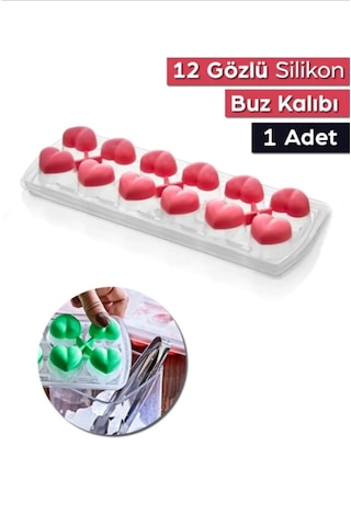 1 Adet 12 Gözlü Kalpli Silikon Kalpli Buzluk Kalıbı Kapaklı Çok Renkli