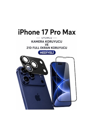 iPhone Uyumlu 17 Pro Max Taşli Kamera Koruyucu+ Ekran Koruyucu Set Si Yah