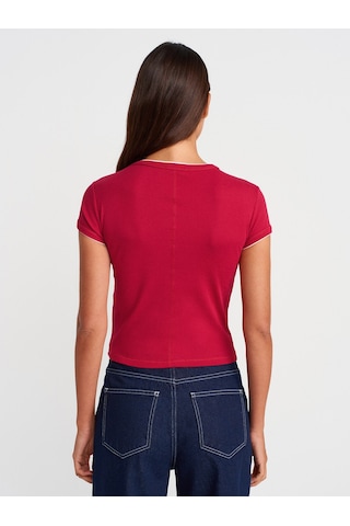 Dilvin 31750 Kontrast Kısa Kollu Tshirt-Koyu Kırmızı