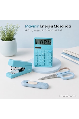 Nusign Hesap Makinesi &zımba & Makas Kırtasiye Seti - Mavi