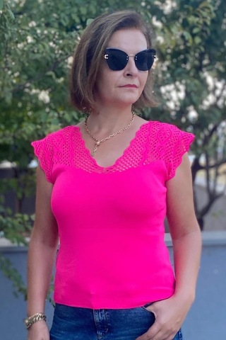Mia Butik Kadın Pembe Sıfır Kol Ajurlu Triko Bluz Pembe