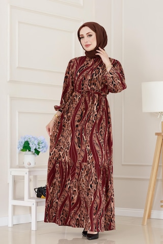 Sevitli Leopar Desenli Beli Tünelli Viscon Elbise-bordo-5087 Bordo