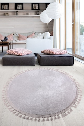 Relax Gri Yuvarlak 100x100 Cm Ponpon Saçaklı Kaymaz Tabanlı Makin Gri