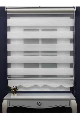 Ekru Mat Beyazı Geniş Pliseli Zebra Stor Perde Etek Dilimli Alüminyum Kasa Metal Ayak Beyaz