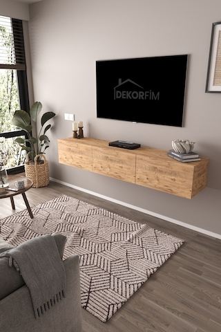 Df17103 3 Dolaplı Duvara Monte Tv Ünitesi 180 Cm Modern Askılı Dekoratif, Şık Stilde Tv Sehpası Atlantik Çam Beyaz