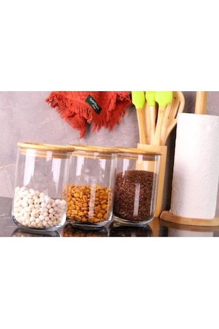 Duo 900ml 3'lü Saklama Kabı-bambu Kapaklı Cam Baharatlık