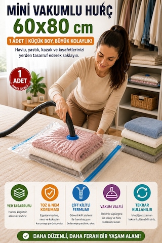 Mini Boy Vakumlu Hurç 60x80 Cm 1 Adet Vakum Poşeti Çift Kilitli Saklama Torbası Şeffaf Düzenleyici