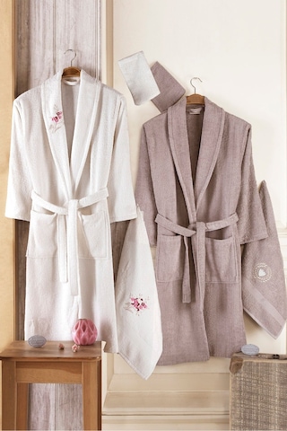 Güvenal Pamuxu 8 Parça Bornoz Seti Bornoz Takımı Çeyiz Seti 3 Kahverengi