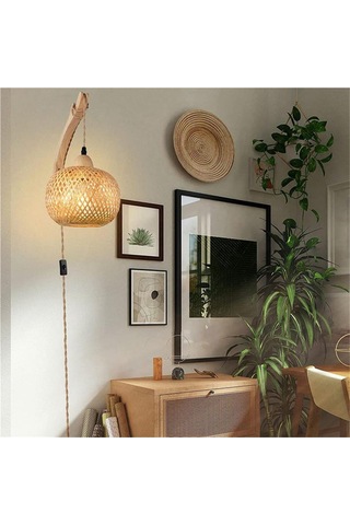 Retro Japon Tarzı Bambu Başucu Duvar Lambası Abd Fişi-b Diğer