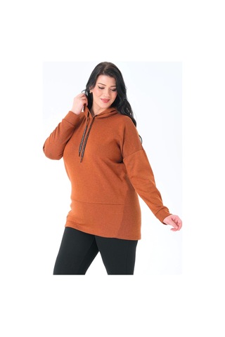 Lady Majestic Büyük Beden Kapüşonlu Sweatshirt Taba