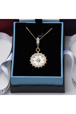 Pusula Model Sedef Taşlı Yıldız Detaylı Gold Rengi 925 Ayar Gümüş Kadın Kolye Gold
