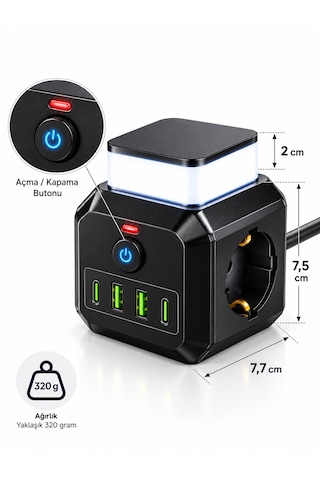 Akım Korumalı 3'lü Priz 2200w 1050j 10a Gece Lambalı 2 Usb 2 Type-c Şarj Girişli 0.2 M