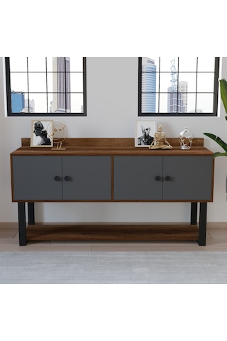 Robin Home Grand Ofis Konsol 4 Kapaklı Metal Ayaklı Barok-Antrasi Kahverengi