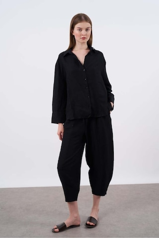 Kadın Keten Gömlek-pantolon Alt Üst Takım Siyah