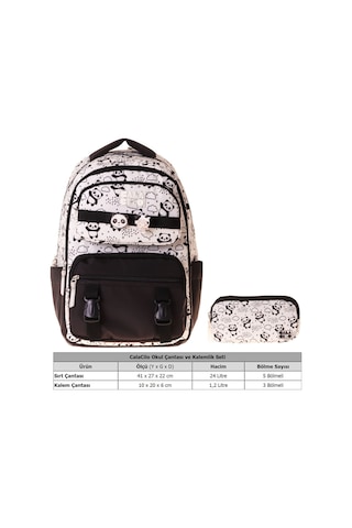 Calacilo Sweet Kız Çocuk Panda Baskılı Okul Sırt Çantası Ve Kalemlik Seti - Setcc-c4059c Siyah - Beyaz