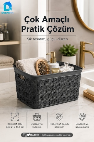 Jute Çok Amaçlı Kutu 10 L Plastik Mutfak Banyo Dolap İçi Düzenleyici Siyah