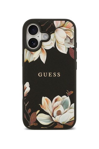 Apple Uyumlu iPhone 17 Kılıf Guess Lisanslı M-safeli Taneli Çiçek Tasarımlı Metal Yazı Logolu Kapak Siyah Siyah