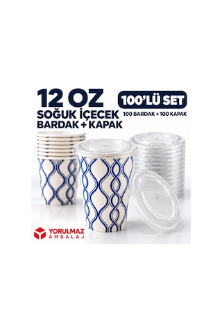 12 Oz Kapaklı Karton Bardak 100 Adet Soğuk İçecek Uyumlu Sızdırmaz Kağıt Bardak 50