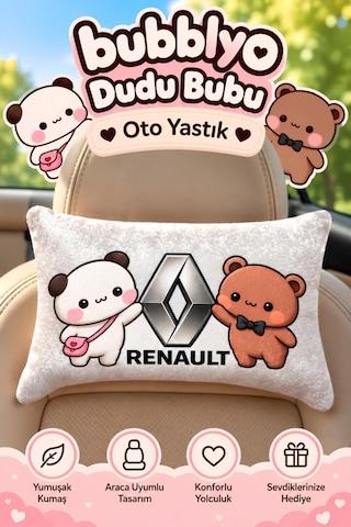 Bubblyo Renault Temalı Dekoratif Oto Yastığı Sevimli Çift Tasarım Beyaz Beyaz