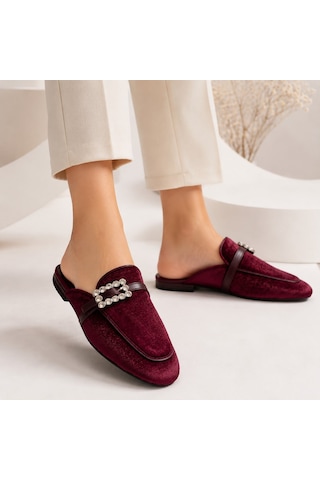 Dabab Shoes Marıgold Kadın Taşlı Tokalı Bordo Kadife Görünümlü Kapalı Burun Düz Taban Mule Terlik