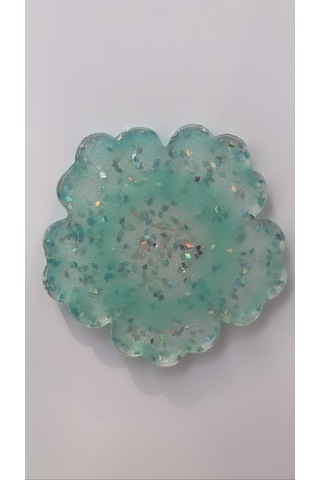 Turkuaz Renkli Gümüş Glitterli Çiçek Desenli Bardak Altlığı Turkuaz