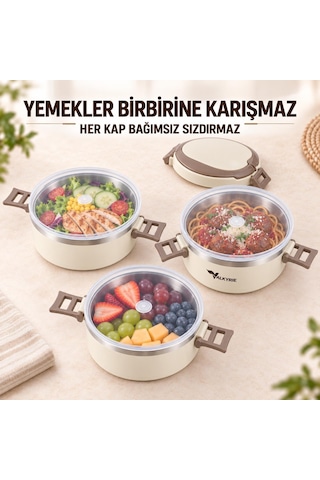 Valkyrie 3 Katlı 304 Paslanmaz Çelik Yemek Termosu Isı Yalıtımlı Sızdırmaz Sefer Tası Termal Çantalı Krem