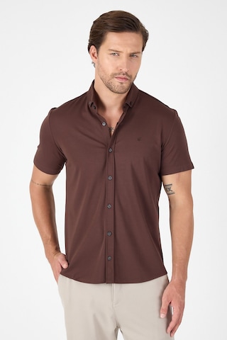 İmza Koyu Kahverengi Kısa Kol Düğmeli Yaka Cepsiz Performans Ürün Slim Fit Gömlek 1004250256 Koyu Kahverengi