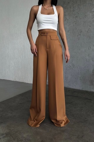 Defymoda Üç Düğme Detayli Palazzo Pantolon Kiremit