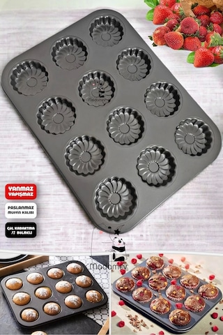 12li Cupcake Muffin Kalıbı Gül Kabartmalı Yanmaz Yapışmaz Fırın Kek Kapsül Paslanmaz Çelik Siyah