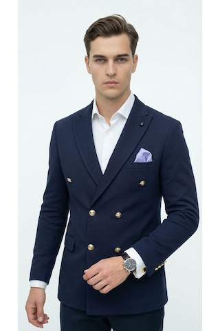 Plus Scorpion Erkek Kruvaze Blazer Ceket Slim Fit Premium Dokulu Şık Klasik Ceket Lacivert