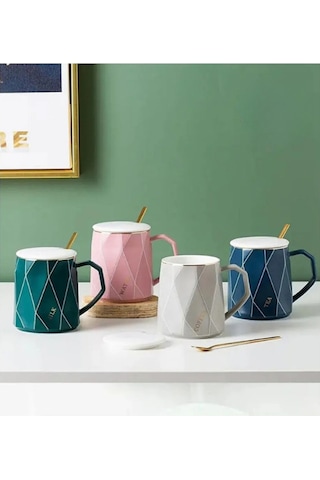 Geometrik Desenli Gold Kaşıklı Kapaklı Modern Seramik Kupa Gri