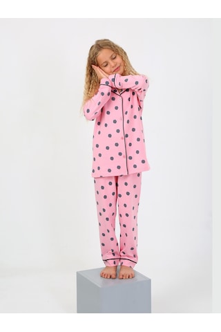 Kız Çocuk Uzun Kollu %100 Pamuklu Düğmeli Pijama Takımı Soft Pembe