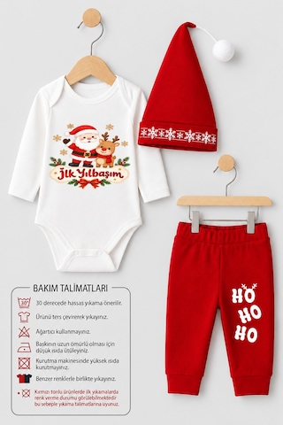 Babyden's Bebek Yılbaşı Takımı İlk Yılbaşım Baskılı Noel Kıyafeti %100 Pamuk 3'lü Body Pantolon Noel Şapkası Yılbaşı Kostüm Kırmızı