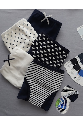 Alya Underwear Kız Çocuk Kalpli Dokuma Lastik Pamuklu Kumaş Slip Külot 5'li Paket 5 Adet Beyaz Multicolor-x29