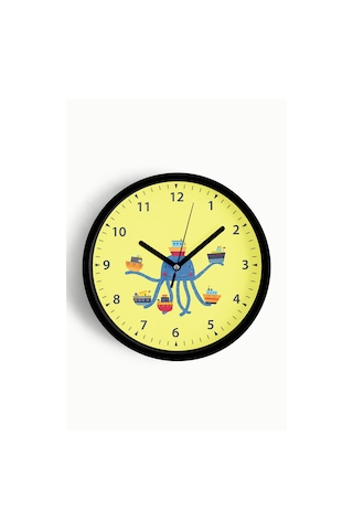 Gemileri Tutan Ahtapot Çocuk Odası Duvar Saati - 30cm - Önü Camlı Siyah Kasa - Sessiz Mekanizma-jh1165 Siyah